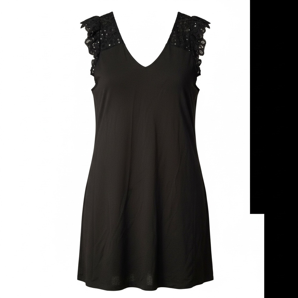 LOFT Black Lace-Yoke V-Neck Dress